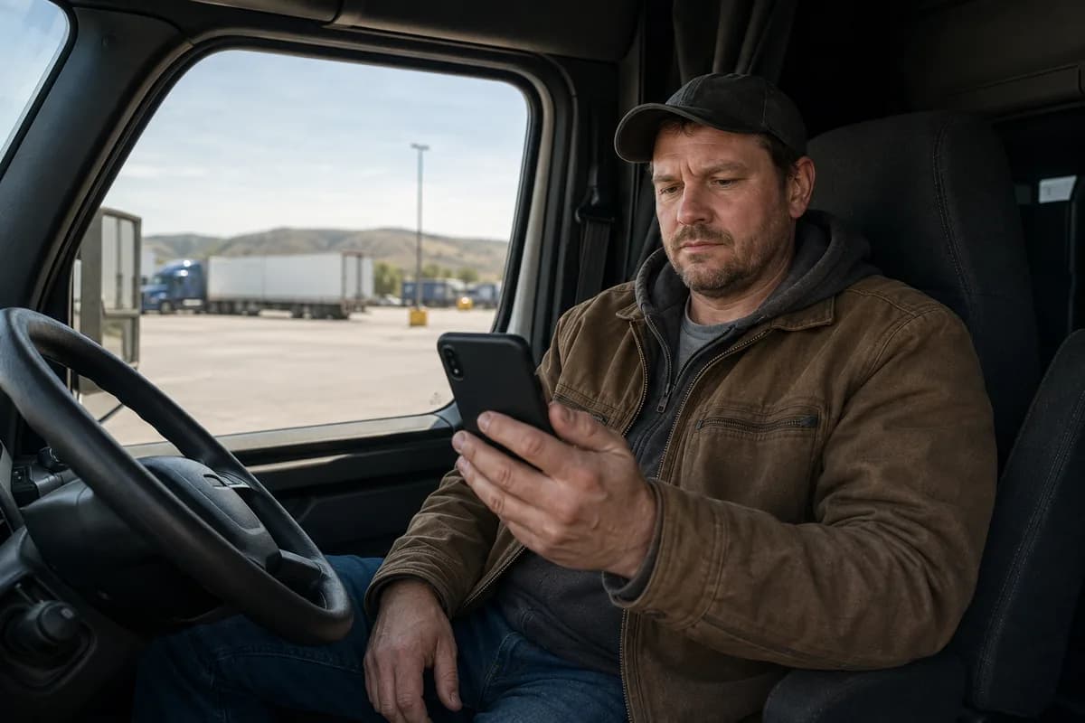 Illustrative scene of an owner-operator reviewing an offer in a parked truck cab